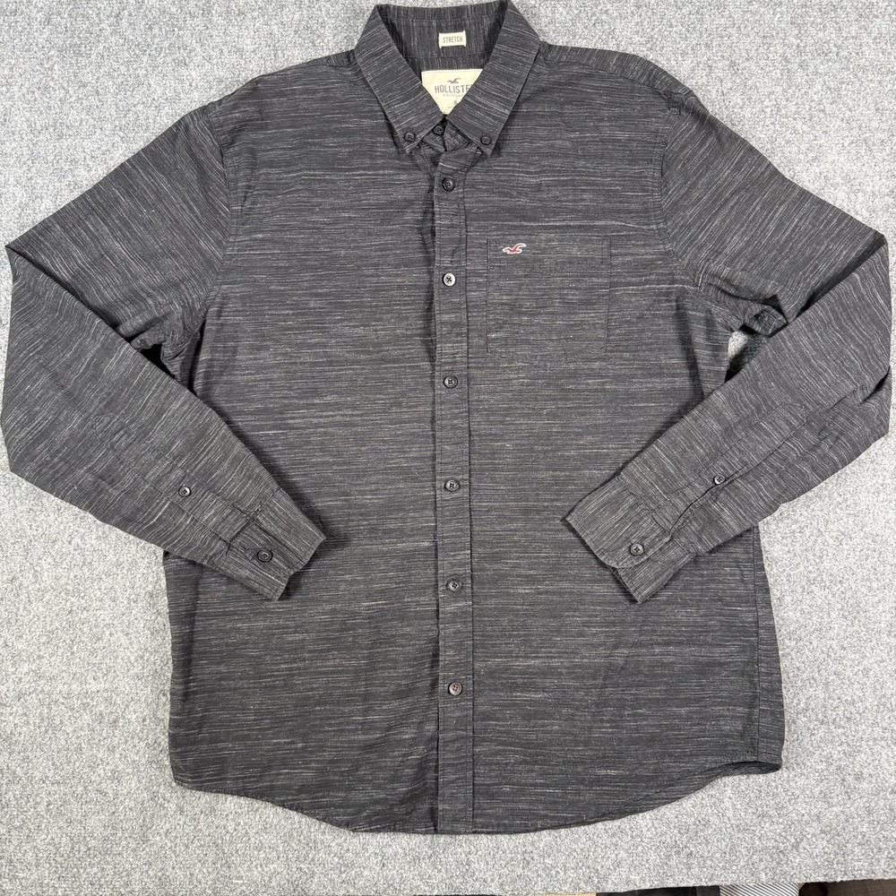 Hollister Mens XL Epic Flex Stretch Button Down Shirt Charcoal Grey Space Dye